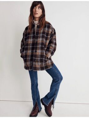 Madewell Belrose Button Down Shirt-Jacket Plaid in Blue Brown Sz M